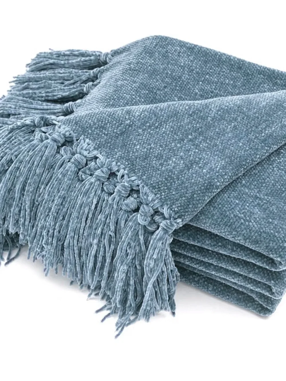 NWOT Plush Blue Chenille Throw Blanket with Tassel Fringe